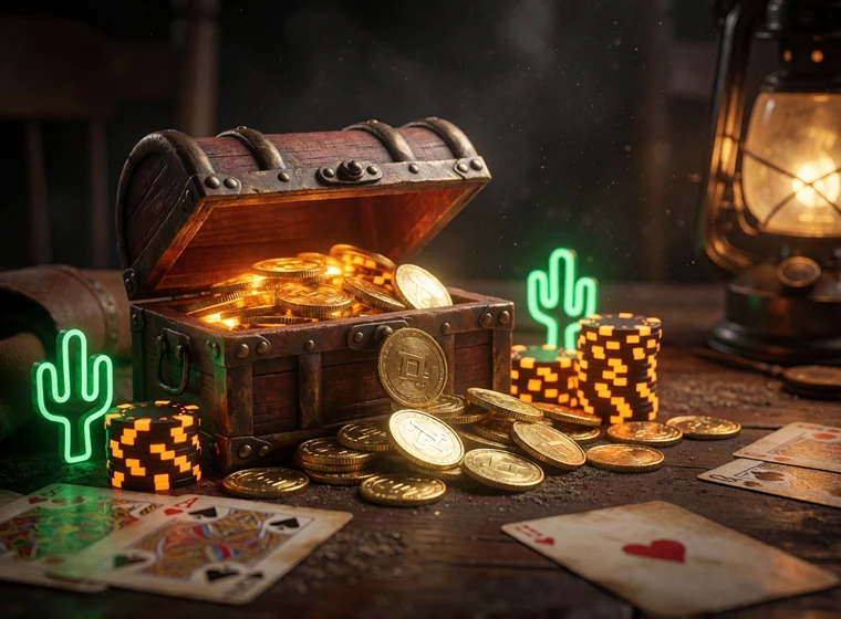 Schatztruhe mit Goldm&uuml;nzen und neonorangen Chips als Lizaro Casino Bonus Highlight