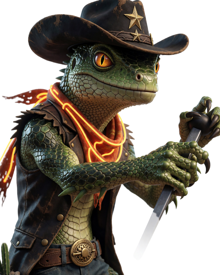 Lizard-Cowboy Maskottchen zieht einen Slothebel f&uuml;r Lizaro Casino Spiele und Online Slots
