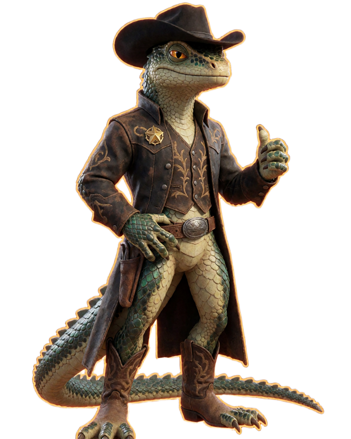 Lizard-Cowboy Maskottchen im Lederduster f&uuml;r das Lizaro Casino Wild West Slots Erlebnis