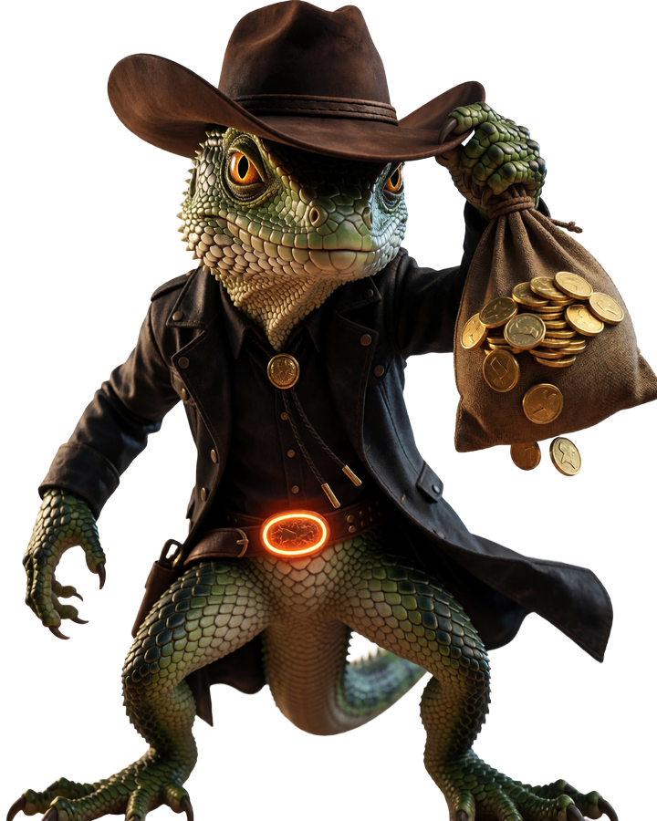 Lizard-Cowboy mit Goldsack als Maskottchen f&uuml;r den Lizaro Bonus und Casino Willkommensbonus
