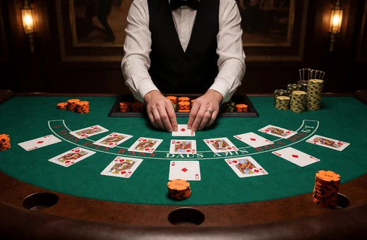 Blackjack Karten auf gr&uuml;nem Tisch als Infinite Blackjack Live Spiel bei Lizaro